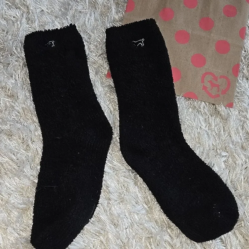 Victorias Secret PINK Black Fuzzy socks One Size Slippers Dog Logo Y2k Womens